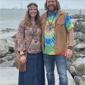 Colorful Tie-Dye T-Shirt and Brown Vest